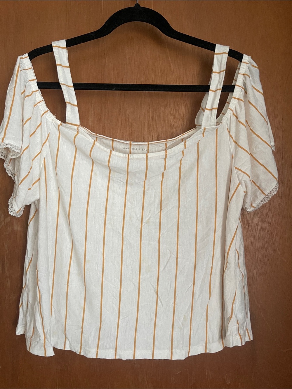 American Eagle Outfitters White Cold-Shoulder Top with Mustard Vertical Stripes